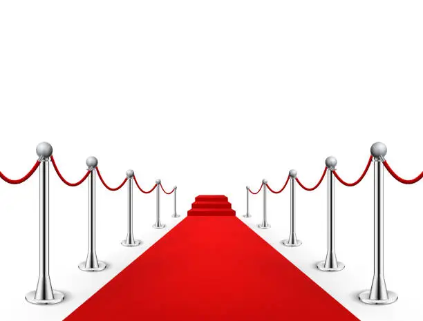 Vector illustration of Red carpet event silver barriers background realistic vector illustration. Red carpet luxury entrance celebrity event presentation