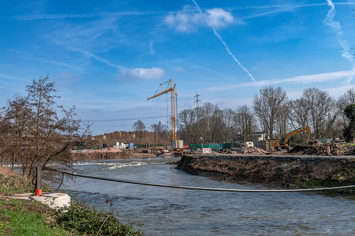 frankfurt am main, germany-february 27, 2024: Renaturation work and connection of an oxbow lake, Nidda river in Frankfurt, Germany