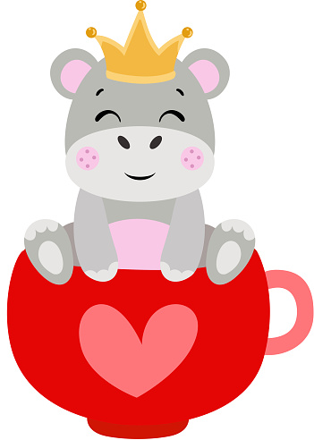 Scalable vectorial representing a cute hippo with crown on head inside love cup, element for design, illustration isolated on white background.