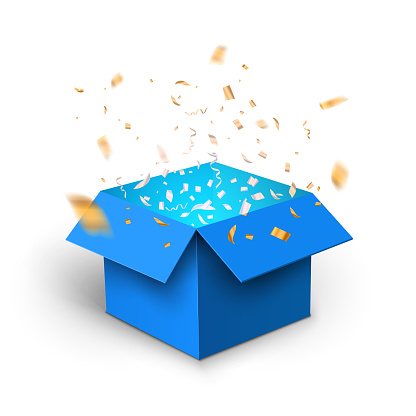 Blue gift box confetti explosion. Magic open surprise gift box package decoration.