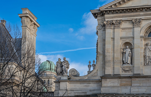 Paris, France - 02 17 2024: Place de la Sorbonne. View the facade of Sainte-Ursule chapel and the Sorbonne Observatory behind