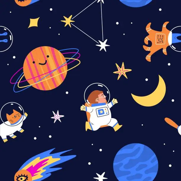 Vector illustration of Seamless pattern with child astronaut flying in space flat style, vector illustration