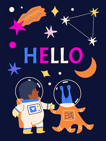 Cute child astronaut and alien in space. Cartoon galaxy on starry night sky, moon, constellation and meteorite. Hello vector poster. Spaceman and martian characters on universe illustration