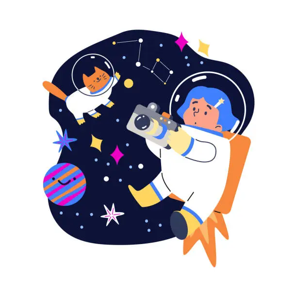 Vector illustration of Child and cat in space vector illustration