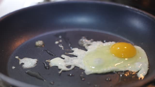 Frying eggs for breakfast, Cooking eggs in a pan