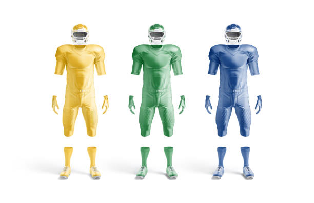 Blank colored american football uniform mockup, front view, 3d rendering. Empty yellow, green and blue guard protection suit mock up, isolated. Clear rugby league clothing for player template.