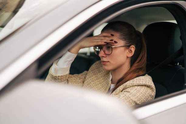 istock Upset driver caught in unpleasant situation, losing her temper. 2043208492