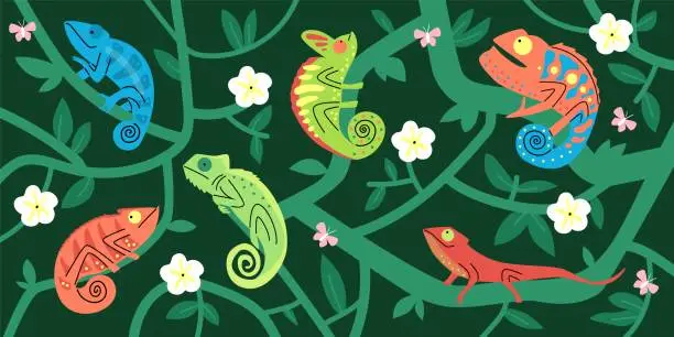 Vector illustration of Seamless pattern with cute chameleons, butterfly and flowers in liana foliage, cartoon exotic tropical lizard and iguana