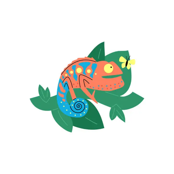 Vector illustration of Whimsical chameleon and butterfly vector illustration