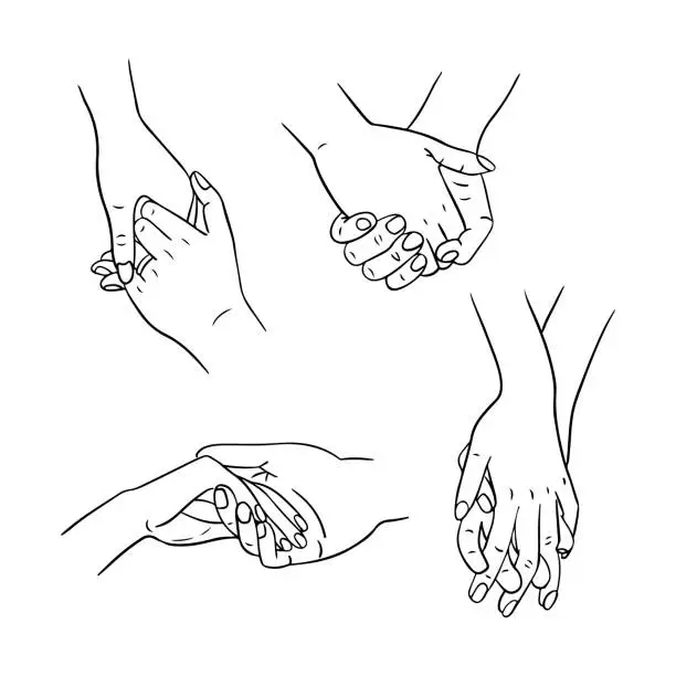 Vector illustration of Two hands holding together sketchy doodle set