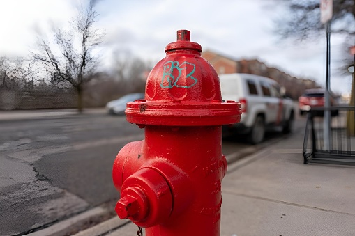 Lansing, United States – December 19, 2023: Bright red fire hydrant in downtown Lansing Michigan