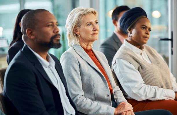 istock Company, diversity and presentation for audience, conference and vision for growth. Workers, business meeting and employees with seminar, workshop or convention for training people and corporate 2043246386