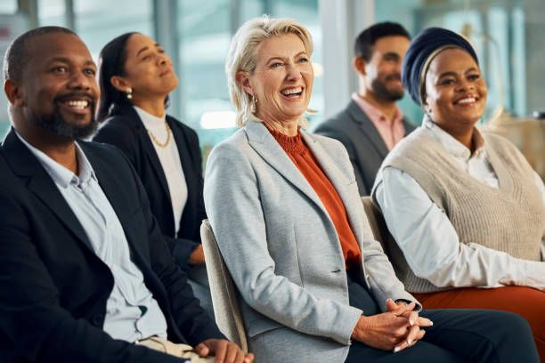 istock Company, diversity and convention for audience, conference and vision for growth. Workers, business meeting and employees with seminar, workshop or presentation for training audience and corporate 2043246484