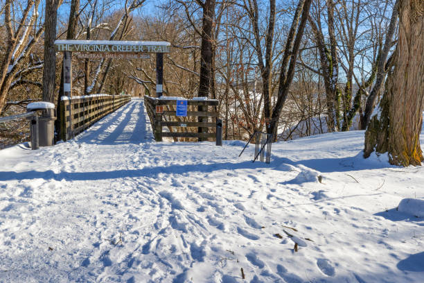 Buena Vista, Colorado, USA - February 10, 2024: A sign and bright orange flag posted by Colorado Parks and Wildlife warns hikers of recent mountain lion activity near the Whipple Bridge that crosses the Arkansas River and intersects the Arkansas River Trail.