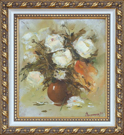Oil painting bouquet of roses in frame. Painting still life of flowers in a vase.