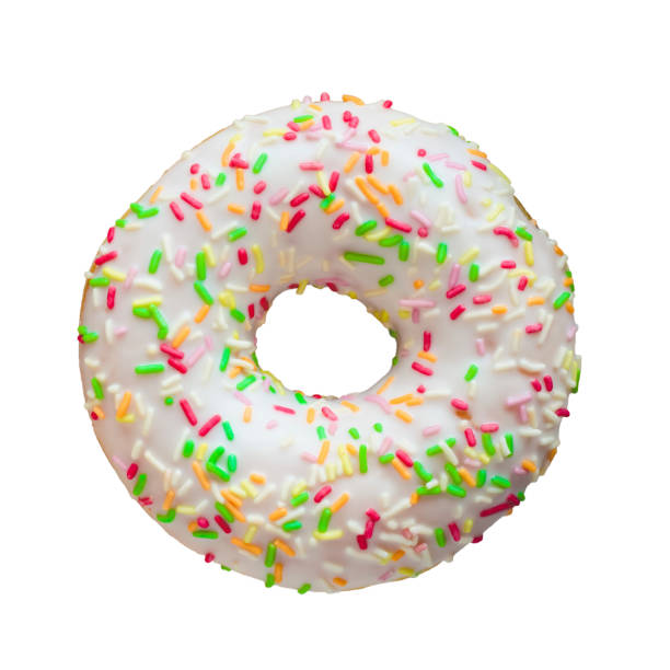 istock Donut with white glaze and colourful hundreds and thousands isolated on white background 2043256099