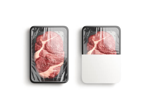 istock Blank transparent plastic beef tray with white label mockup, isolated 2043259736