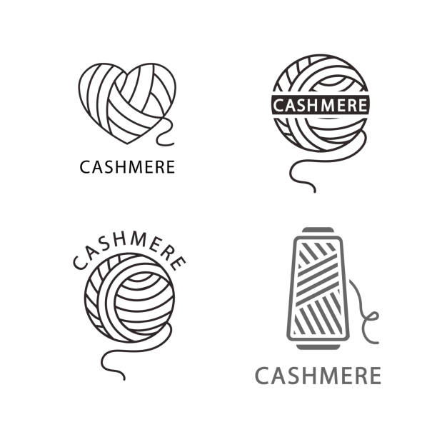 silhouette of yarn with lettering cashmere. line art style. - silhouette animal black domestic cat stock illustrations