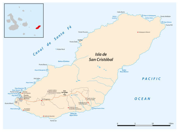 vektorkarte der ecuadorianischen insel san cristobal, galapagos-inseln - puerto rico map vector road stock-grafiken, -clipart, -cartoons und -symbole