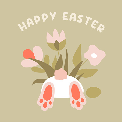 Down the Rabbit hole. Lettering Happy Easter on Greeting card with escaping Bunny. Vector Flat Cartoon Holiday illustration with Spring Flowers. Design Template for Postcard, Banner, Social Media Post