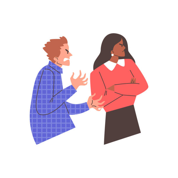 ilustrações de stock, clip art, desenhos animados e ícones de man pleading with unimpressed woman vector illustration - persuasion pleading men women