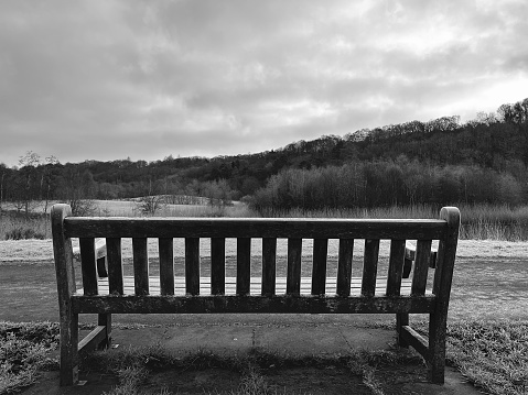 An empty wooden public bench