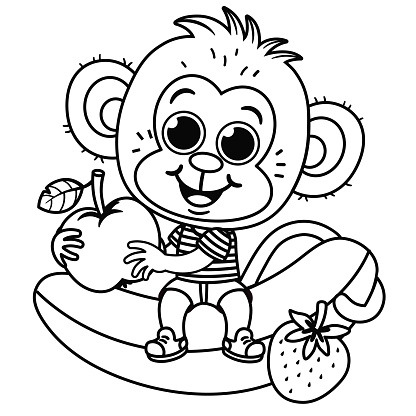 Black and white cartoon monkey character illustration sitting among colourful fruits.