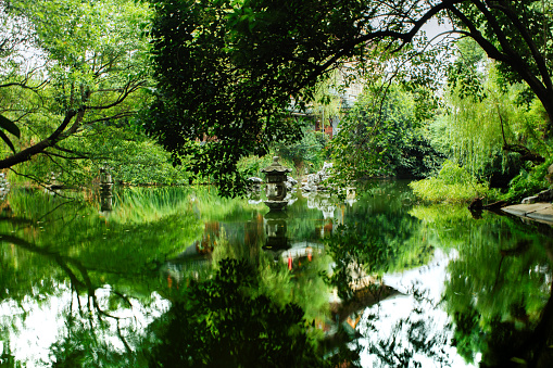 Reflections in the water, trees, and Chinese style architecture