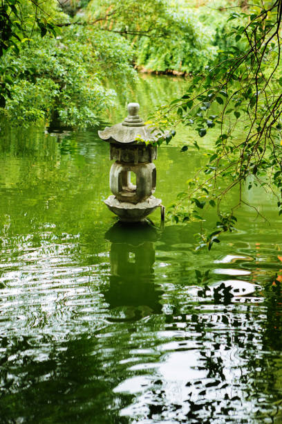 Reflections in the water, trees, and Chinese style architecture