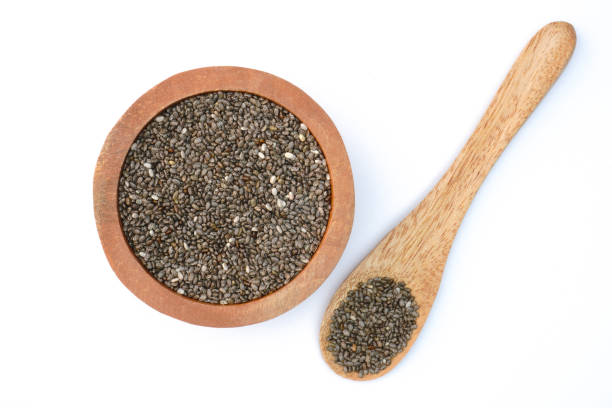 istock Bowl and spoon with chia seeds concept background 2043335477
