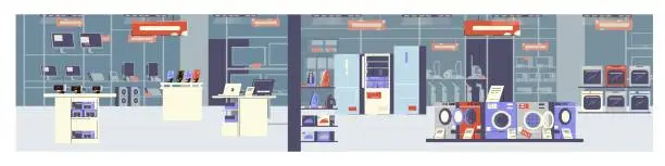 Vector illustration of Empty electronic shop appliances store, vector illustrations set of retail business, household and digital appliances