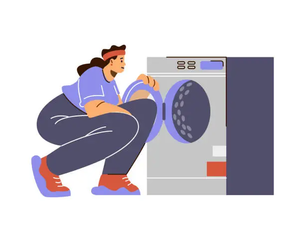 Vector illustration of Woman customer looking for washing or drying machines, vector cartoon female character choosing new domestic appliances