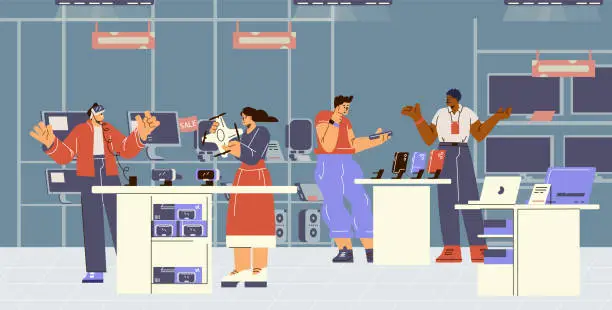 Vector illustration of Electronics shop vector flat illustration, shop assistant and customers choosing digital devices electronics appliances