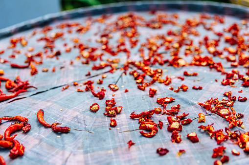 Dried chili peppers sun dried outdoors
