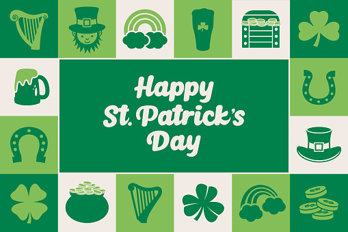 St Patrick's Day greeting card with a frame of related icons and symbols. Horizontal format.