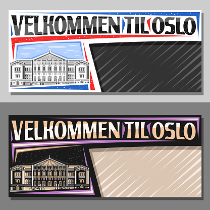 Vector banner for Oslo with copy space, decorative layout with line illustration of norwegian parliament in oslo on day and dusk sky background, art design tourist card with words velkommen til oslo
