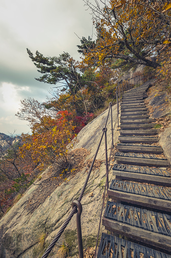 upstairs hiking trail at bukhansan national park, seoul area, south korea.