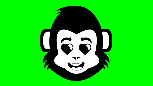 video drawn animation black and white head monkey, primate or chimpanzee cartoon love heart eye