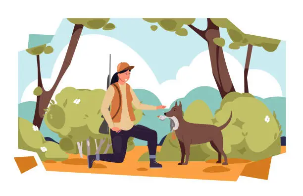 Vector illustration of Hunter character. Cartoon female with hunting dog