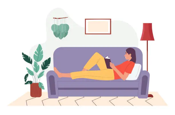 Vector illustration of Woman reading book at home. Vector illustration