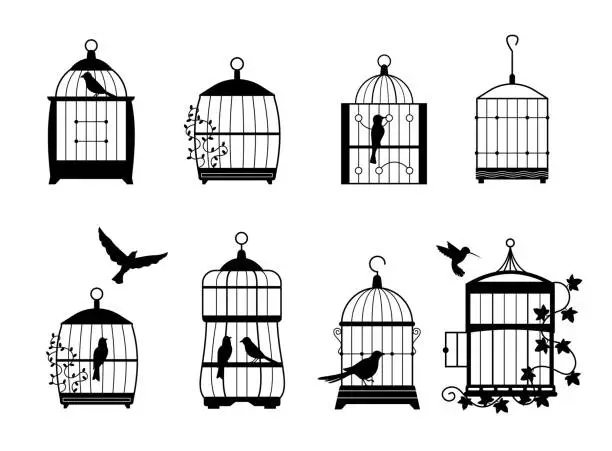 Vector illustration of Black wall decals with flying birds in cages collection
