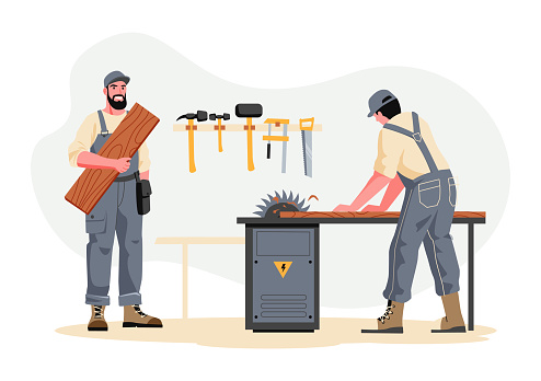 Carpenters with furniture. Vector of worker and craftsman illustration, carpentry construction, wooden repair, professional equipment