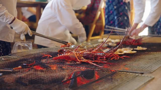 Japanese Spiny Lobsters Being Grilled by Ama Divers in Osatsu Seaside Hut, Toba
