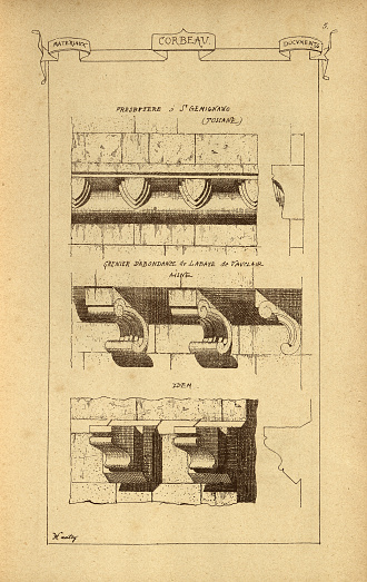 Vintage illustration Architectural Corbel History of architecture, decoration and design, art, French, Victorian, 19th Century. a structural piece of stone, wood or metal jutting from a wall to carry a superincumbent weight