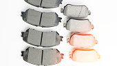 Front and rear brake pads. Brake pads for passenger car disc brakes, New brake pads for passenger car disc brakes.