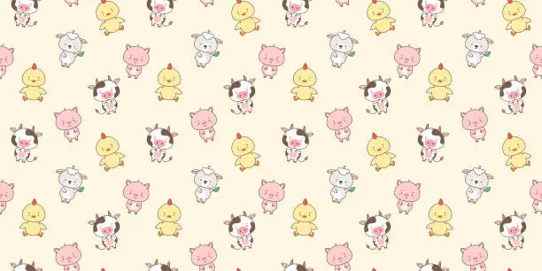 Vector illustration of Seamless pattern with cute farm animals sheep piggy chicken cow. Cute animals in kawaii style. Drawings for children.