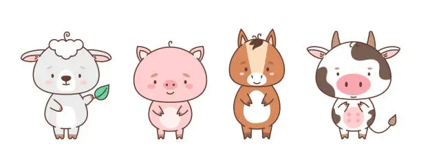 Vector illustration of Set of cute farm animals sheep piggy horse cow. Cute animals in kawaii style. Drawings for children.