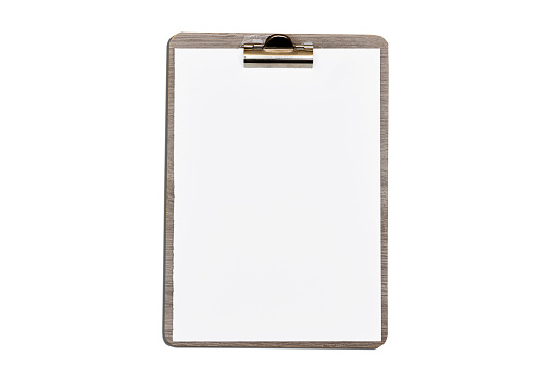 Classic metal clipboard with blank white paper isolated on white background