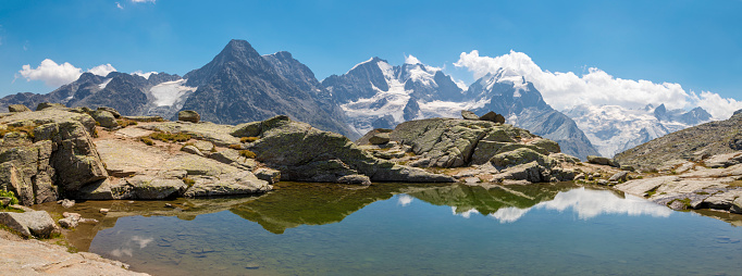 The panorama of Piz Bernina and Piz Roseg peaks.