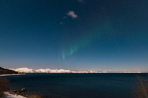 Green colored northern lights over Kvæfjord, Lofoten islands, Norway.